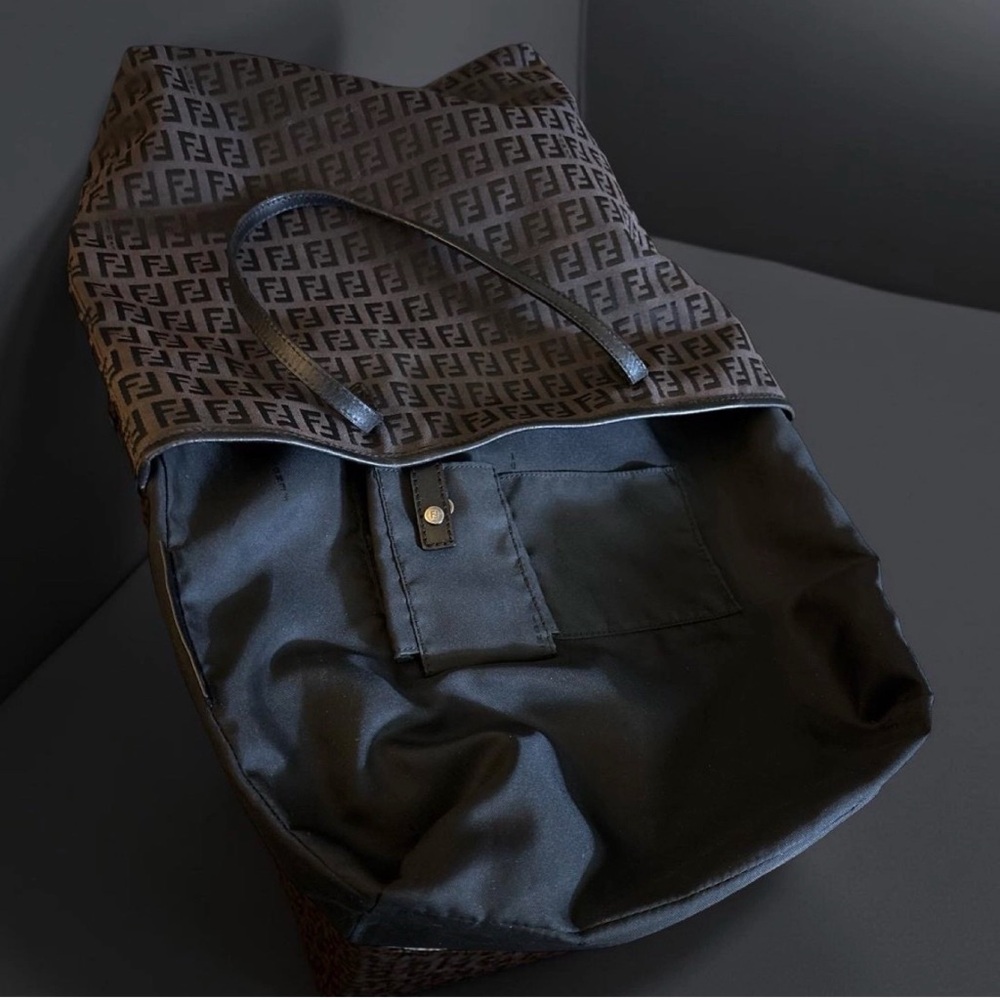 Fendi Vintage Zucchino FF Canvas Tote Bag Brown Leather Trim Shoulder Bag - Picture 3 of 5